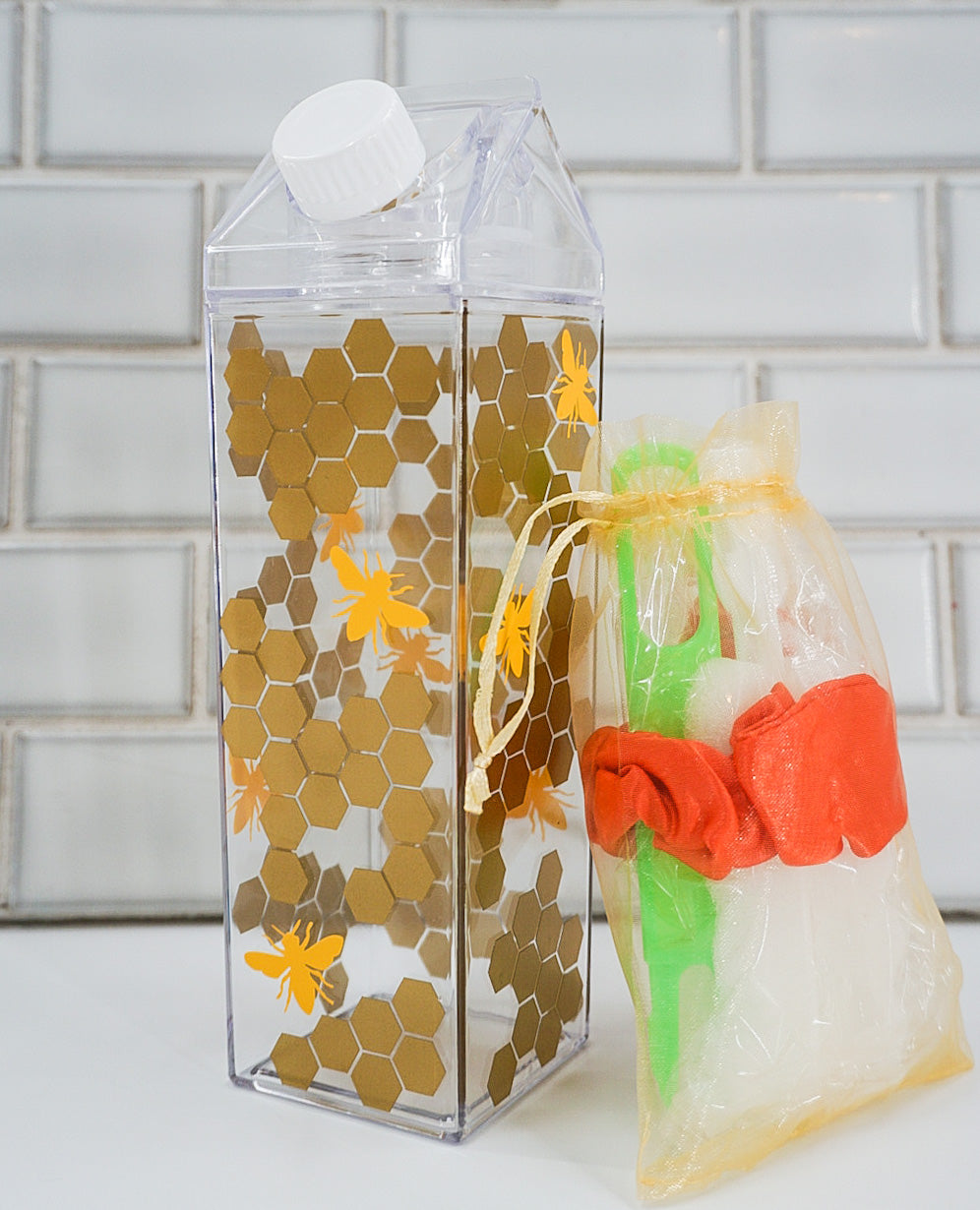 Bee+Honeycomb Clear Milk Carton Bottle Set