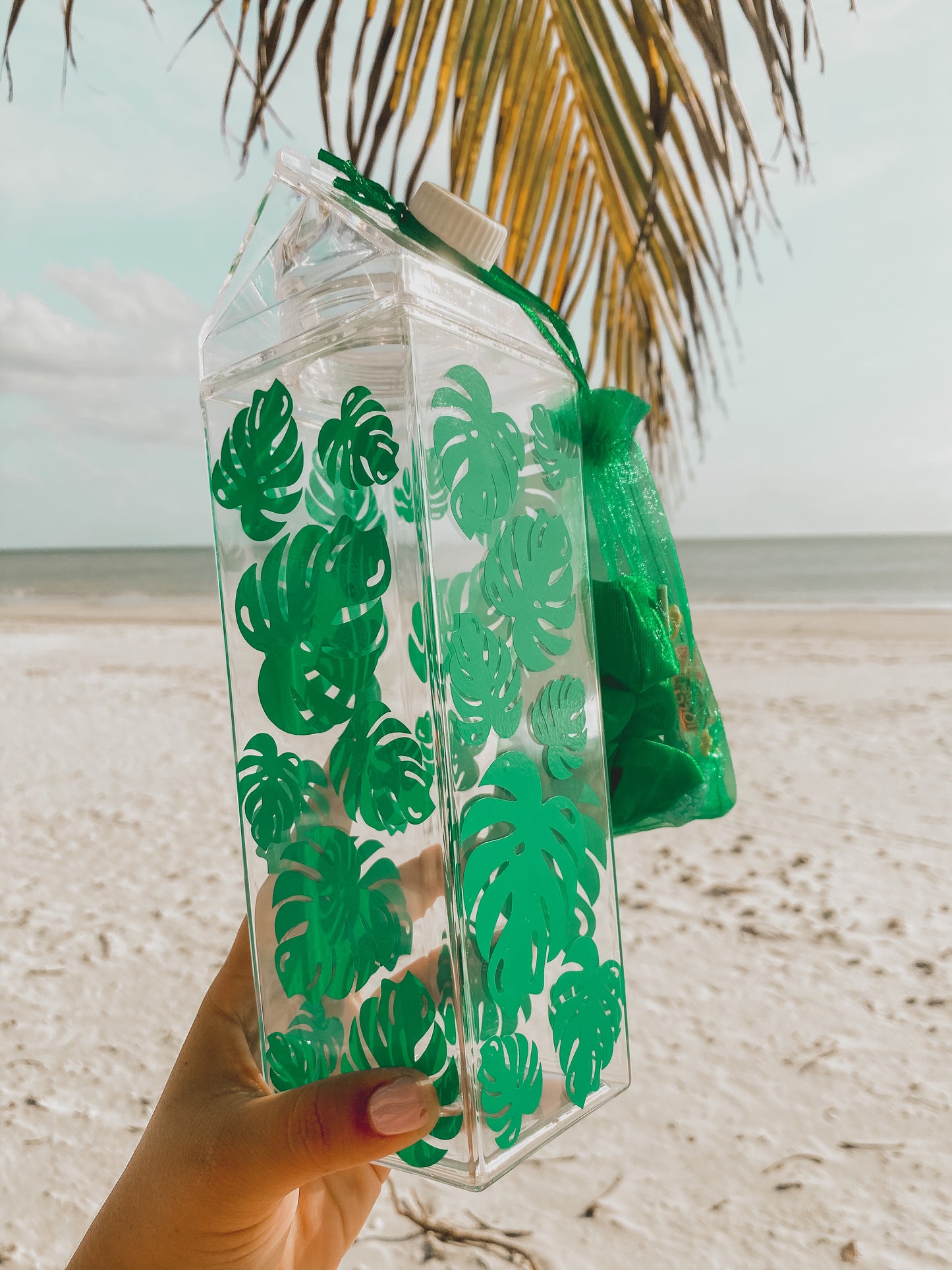 giant milk carton with monstera leaves