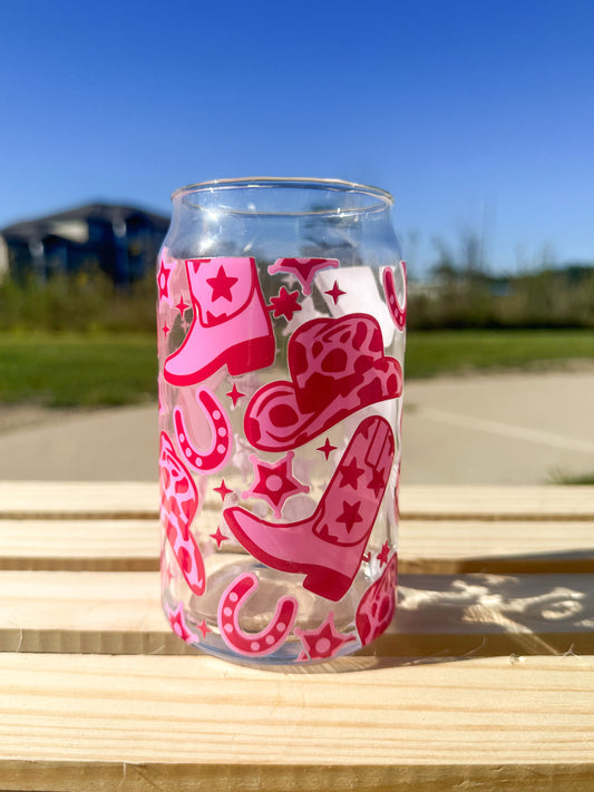 Hot Pink Cowgirl Glass Can Cup